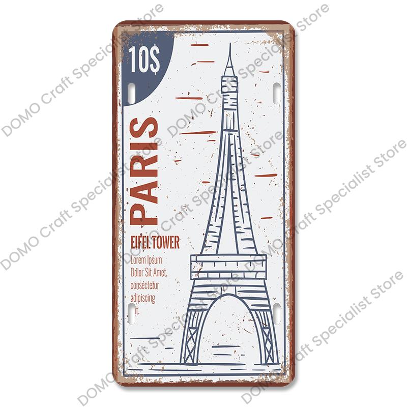 Nasjonalt landemerke Plakat Bilskilt Retro Frankrike New York Australia Metallblikkskilt Veggdekor Garasje Bilklubb