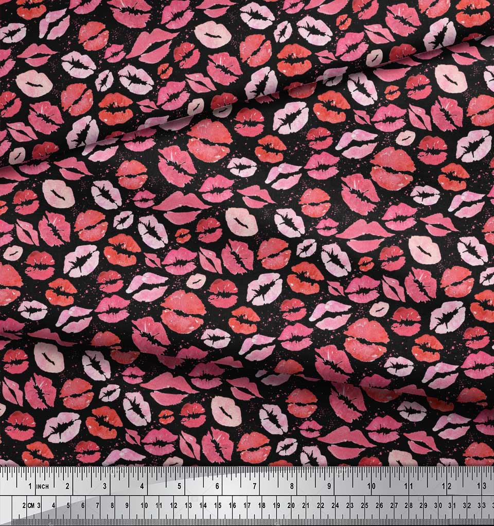 Soimoi Black Japan Crepe Satin Fabric Lips Women Print Fabric by Metre 42 Inch