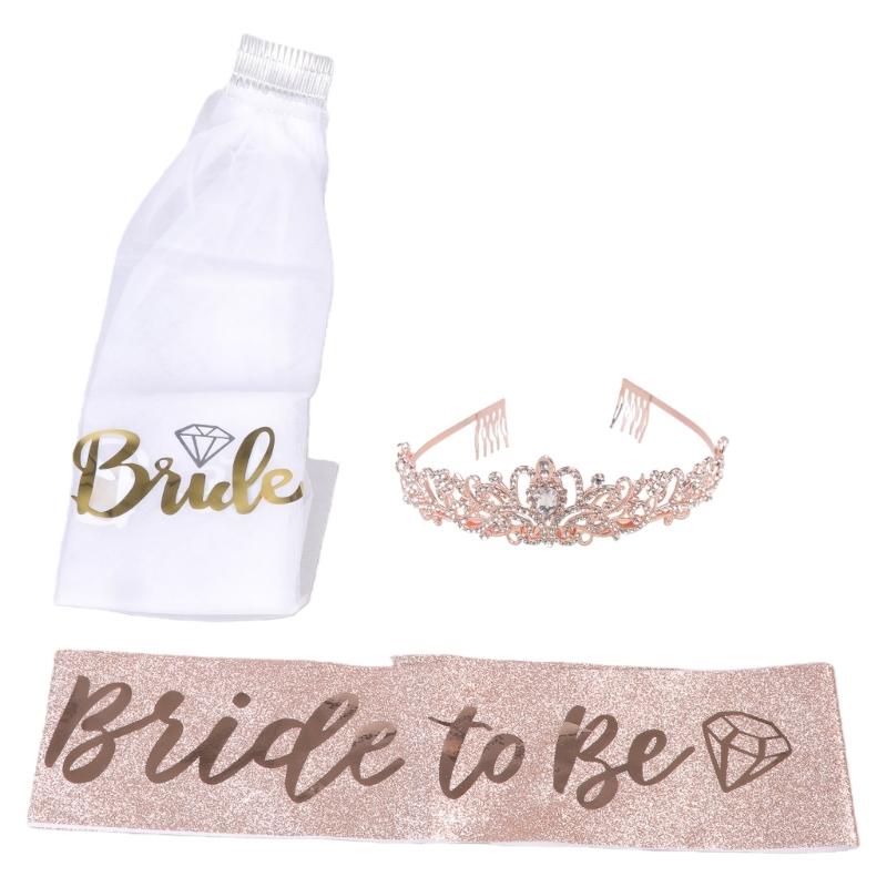 Bridal Veil Sash Crowns Set Handmade Jewelry Accessories for Wedding and Bachelorette Party Bride To Be Decoration