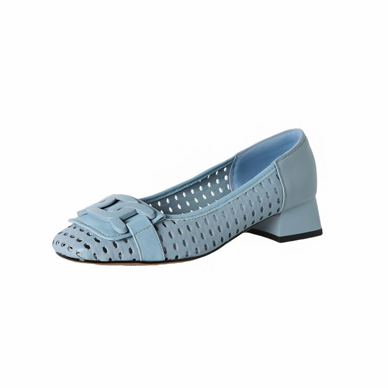 Fashion Women's new genuine leather square toe perforated breathable metal accessories, including follow-up shoes, perforated shoes