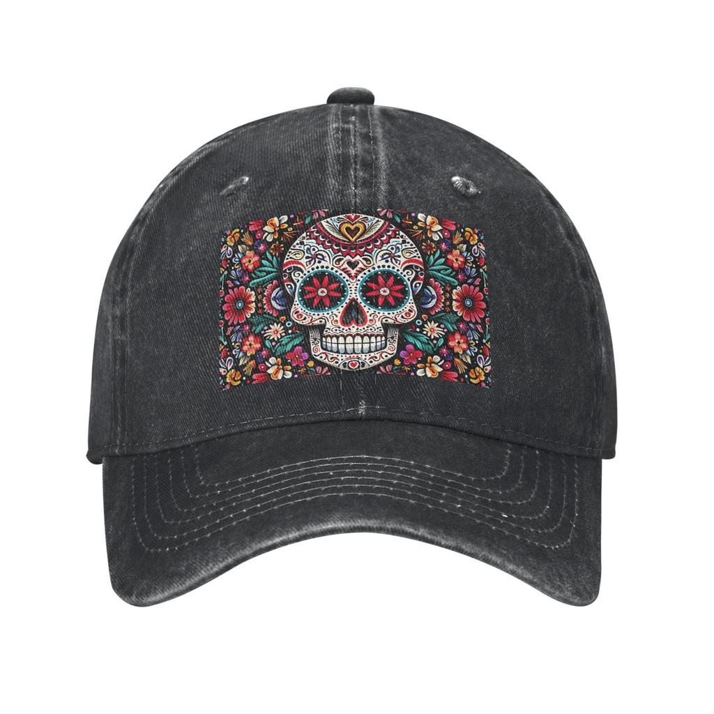 Mexican Sugar Skulls And Flowers Washed Denim Cap Casual Baseball Caps Adjustable Hat Summer Unisex Baseball Hats