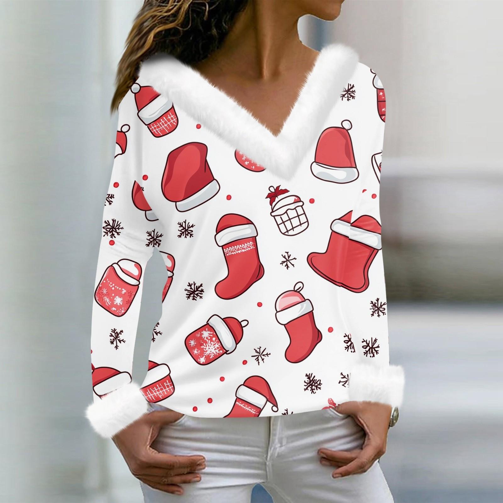 

Женская футболка с рождественским принтом, длинный рукав, флисовый воротник, V-образный вырез, футболка S белый
