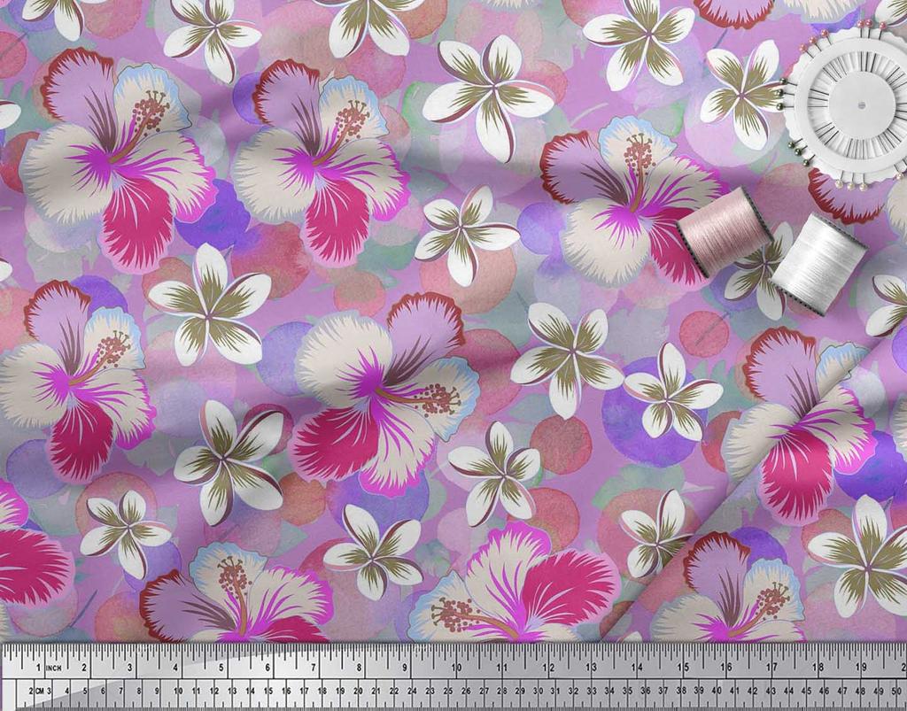 Soimoi Japan Crepe Satin Fabric Leaves & Plumeria Flower Decor Fabric Printed Metre 42 Inch