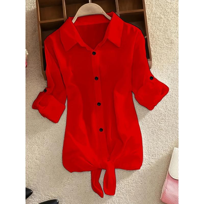 

women s Solid Color Point Collar Roll‑Tab Sleeve Tie‑Hem Casual Button‑Down Shirt Blouse 2XL червоний