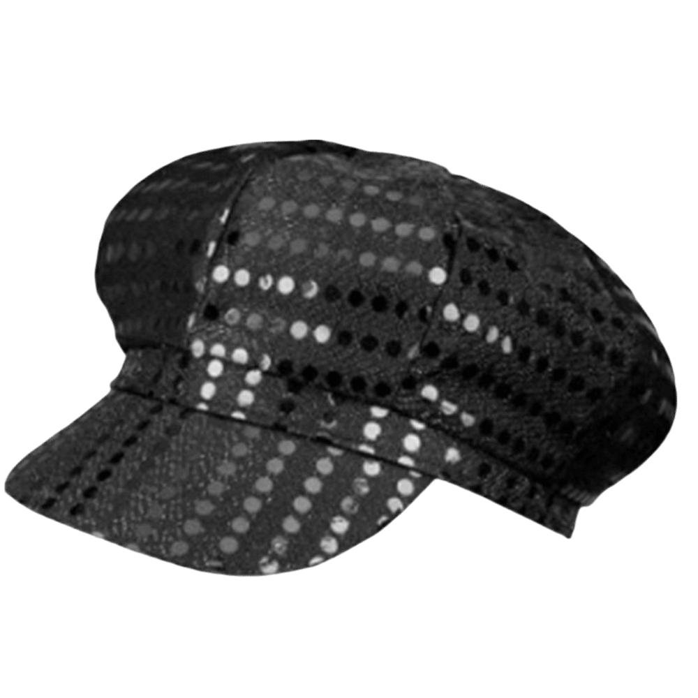 Берет с пайетками Кепка газетчика Блестящая танцевальная шляпа Ретро восьмиугольная кепка Сценические выступления чёрный