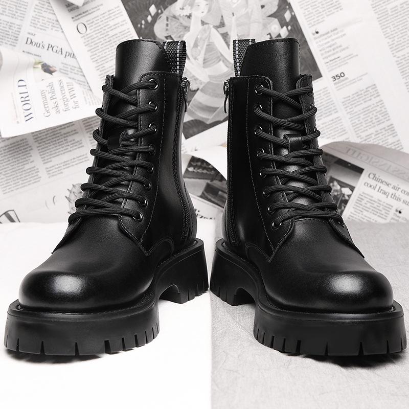 Men's High-Top Leather Martin Boots - British Style, Thick Sole, Velvet Lining, Winter Warmth