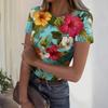 Women's Casual Fashion Round Neck Hawaiian Print Short Sleeve Ribbed Top