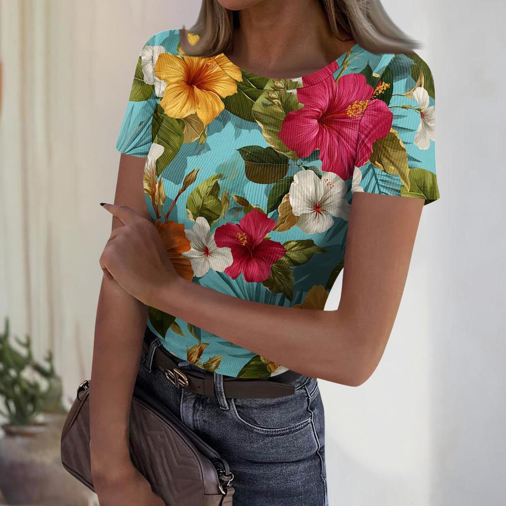 Women's Casual Fashion Round Neck Hawaiian Print Short Sleeve Ribbed Top