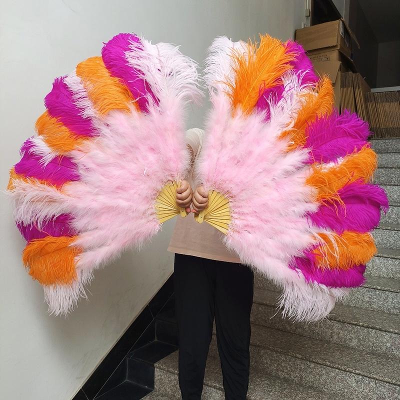 Mixing colour Ostrich Feather Hand Fan 70cm 100cm Fluffy Plumes Fan for Wedding Burlesque Stage Dance Performance Carnival Props