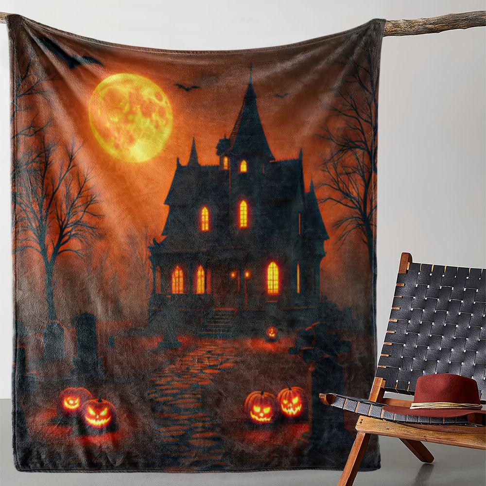 Gothic Haunted House Moon Pumpkin Flannel Throw Blanket Soft Warm Bed Sofa Cover,Seasonal Spooky Themed Decorative Bedding For Living Room Gift