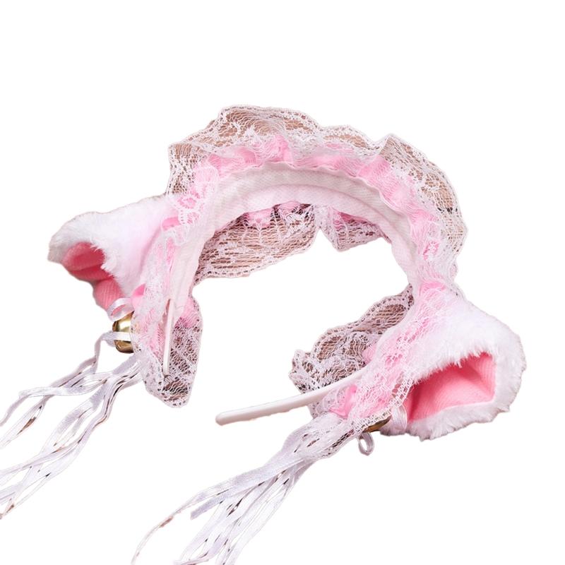 

Woman Pleated Lace Headband with Bells Festival Party Hairband with Cat Ear рожевий/білий