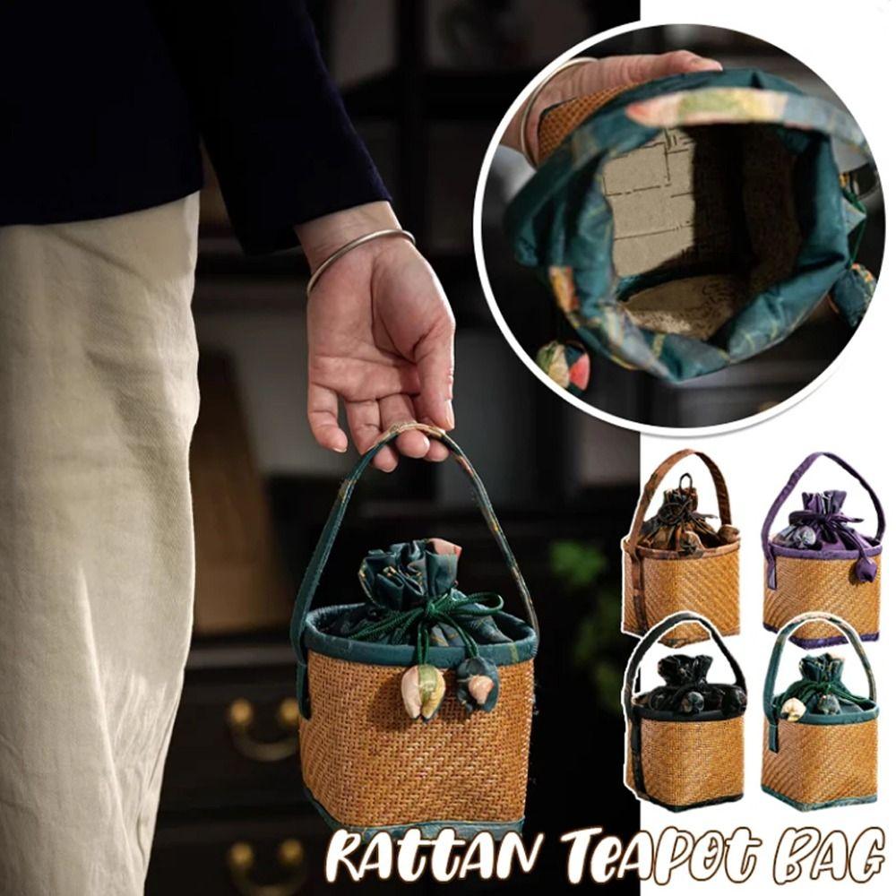 Handmade Spliced Drawstring Pocket with Handle Teapot Bag Rattan Pattern Storage Bag  For Small Cup