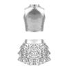 Girls Performance Set Metallic Sleeveless Mock Neck Crop Top Shiny Sequins Tiered Ruffle Skirted Shorts
