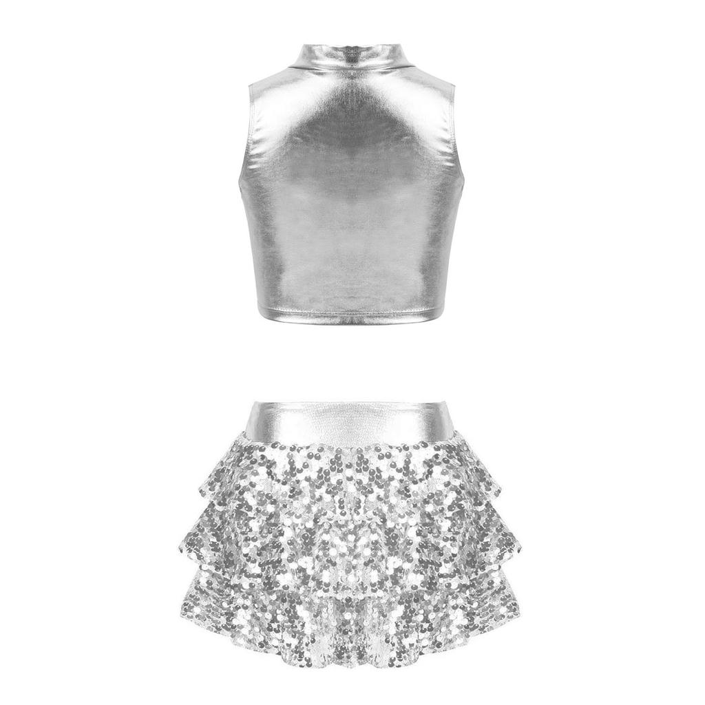 Girls Performance Set Metallic Sleeveless Mock Neck Crop Top Shiny Sequins Tiered Ruffle Skirted Shorts