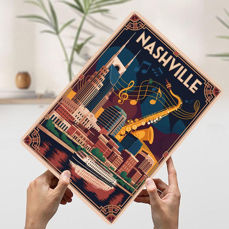 Nashville Cityscape With Saxophone Tinplate Poster Custom Wall Art Vintage Metal Signs Retro Tin Plaque for Decoration At Home