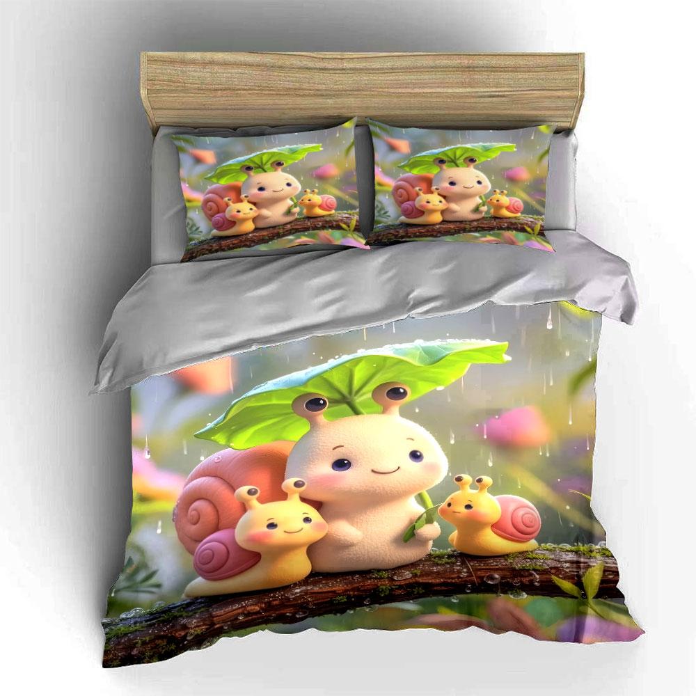 Cute Snail Family Decoration Set Bedding Set with 1 Duvet Cover 2 Pillowcases Single Double King Queen, Gift