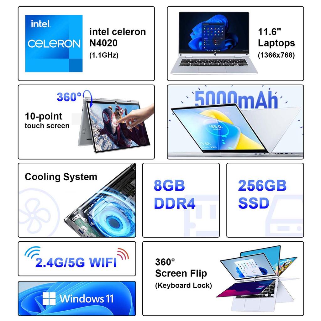 Touchscreen Laptop HDTOSNER 11.6" , Intel Processor, 8GB RAM, 256GB SSD, Windows Pro, Silver, For Work and Study Laptop