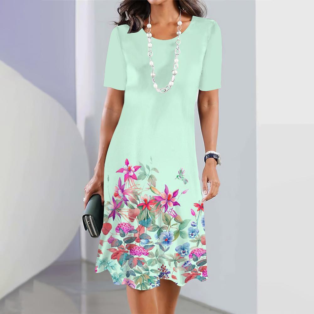 Sommerkleider mit kurzen Ärmeln, edles Damenkleid, lockerer A-Linienrock, Farbkonflikt-Druck, Damenkleidung, lässiger Pullover mit rundem Kragen
