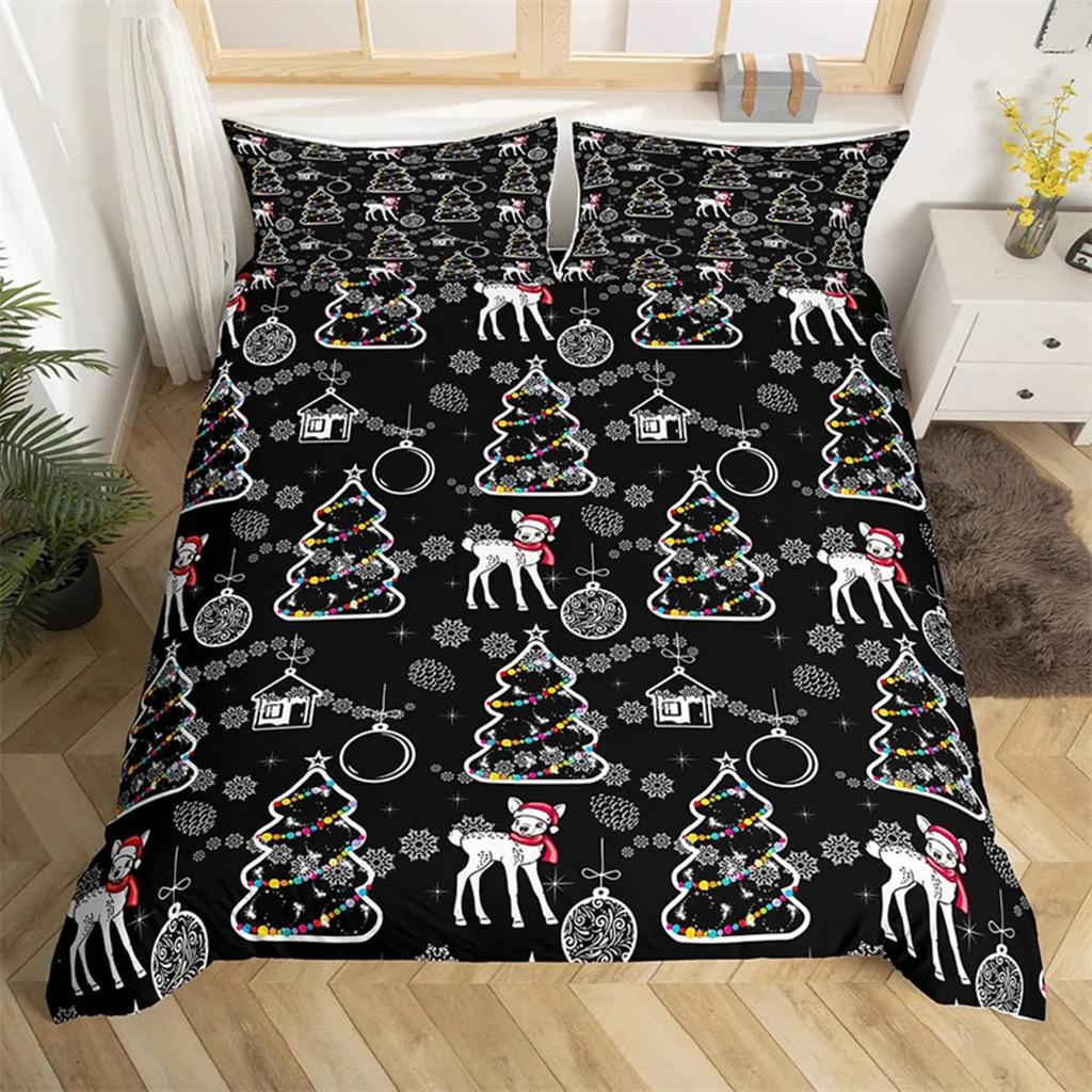 Merry Christmas Duvet Cover Happy New Year Microfiber Xmas Deer Elk Bedroom Decoration for Boys Girls Golden Bow Holiday Gifts