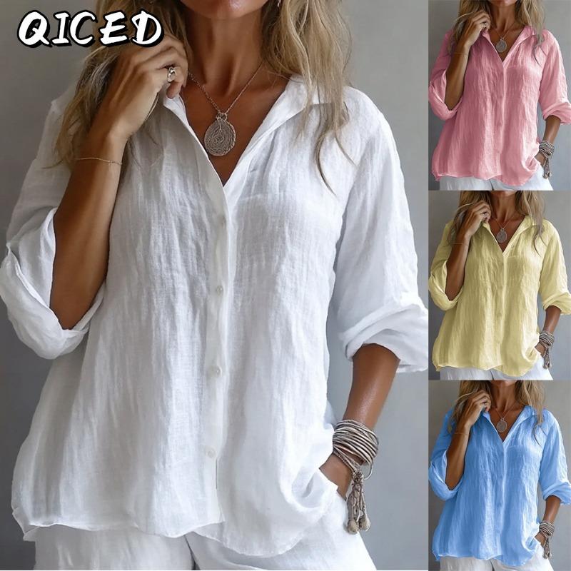 QICED Women's Fashion Casual Solid Color Print Long Sleeve V Neck Blouses & Shirts