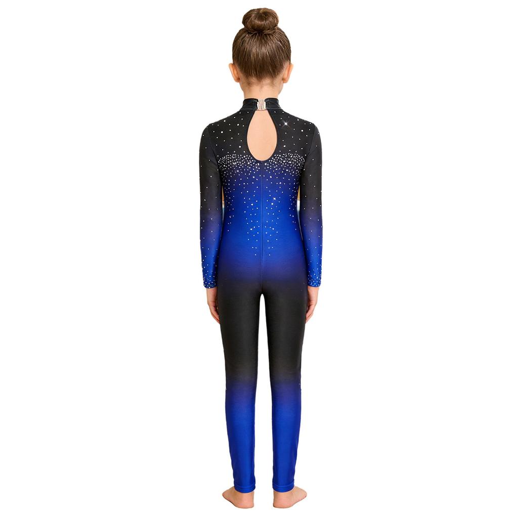 Kids Girls Asymmetrical Rhinestone Ballet Dance Leotard Sheer Mesh Gymnastics Jumpsuit Full Body Suit Figure Skating Dancewear