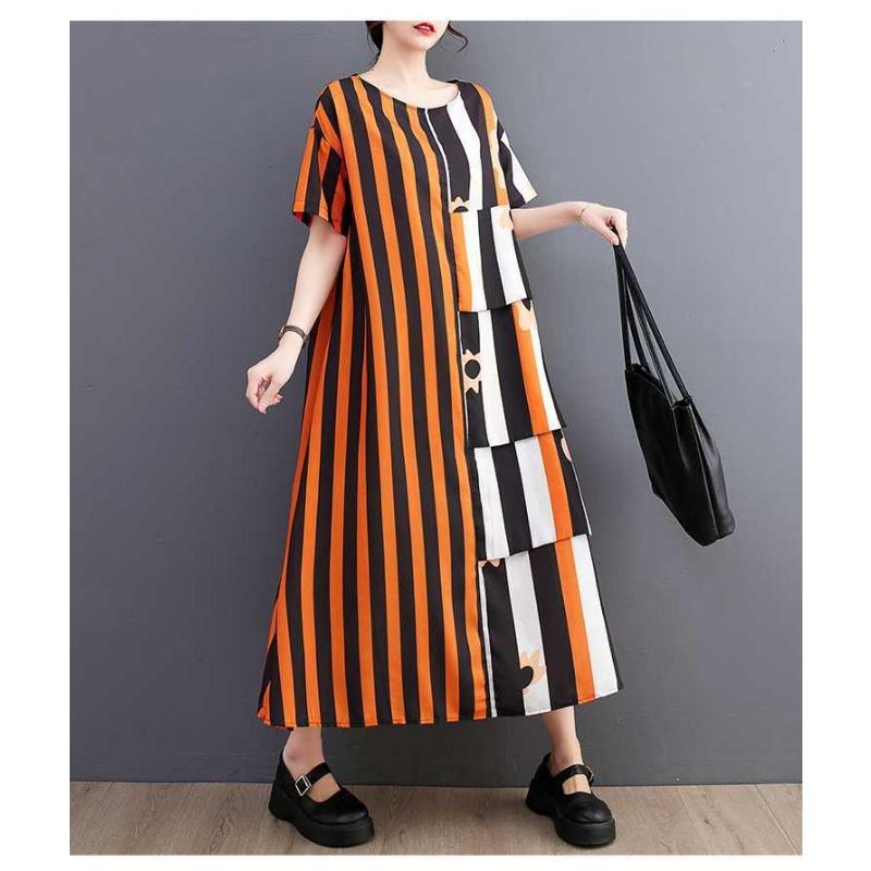 Robe Patchwork en Mousseline Rayée pour Femme, Ample, Décontractée, Jupe Mi-longue Tendance