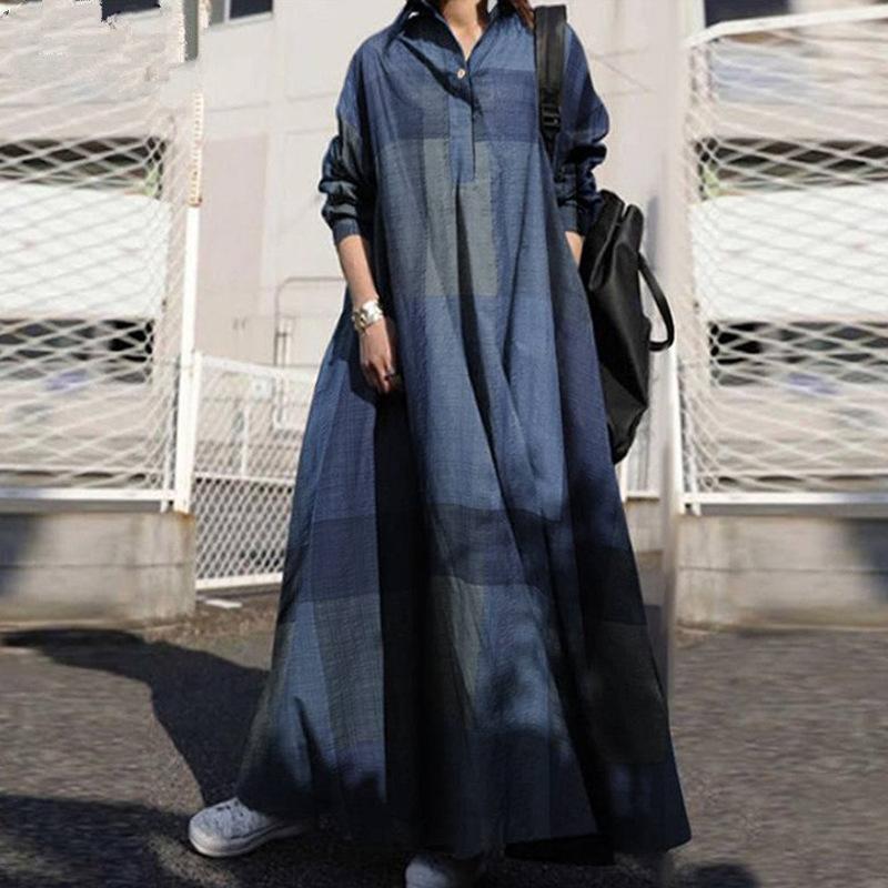 Høst Plus Size Fritidskjole Mote Dame Bomull Lin Lapel Vintage Print Løs Langermet Pullover Kjole