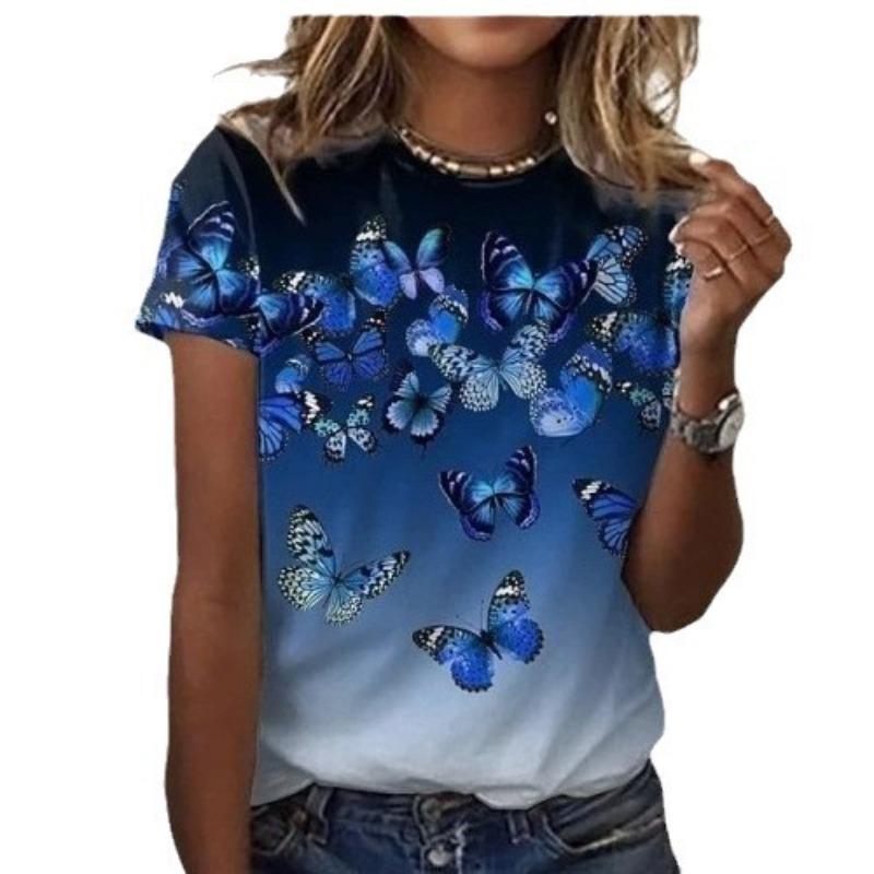 Letnie T-shirty damskie z krótkim rękawem, modne i codzienne, z okrągłym dekoltem i nadrukiem 3D motyla i ważki