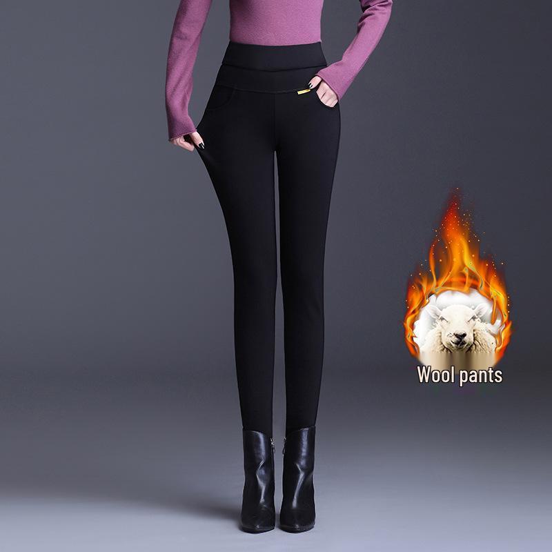 

Women s High-Waisted Wool Cotton Velvet-Enhanced Plus Size Warm Slimming Skinny Pants for Winter Outerwear 3XL чёрный