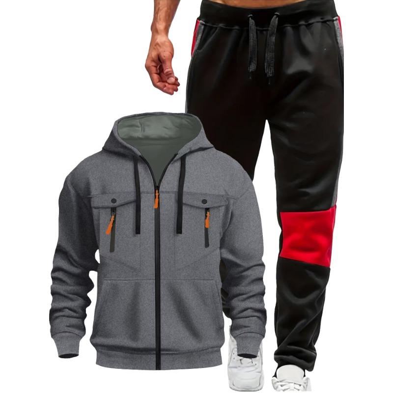 Men's Multi-Pocket Long Sleeve Zip Casual Hoodie Set