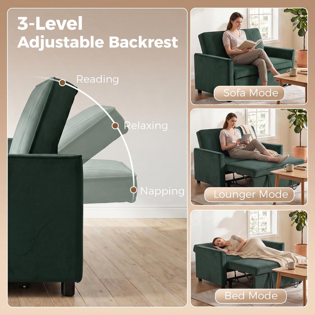 2 Seater Sofa Bed, 3-in-1 Convertible Pull Out Sleeper Sofa with Click-Clack Adjustable Backrest, Dark Green