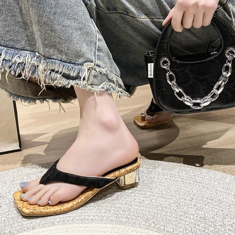Fashion Square Toe Flip Flops Women Slippers Heeled Sandals Loafers Shoes Woman 2025 Trend Summer Shallow Dress Comfort Clip Toe Slides