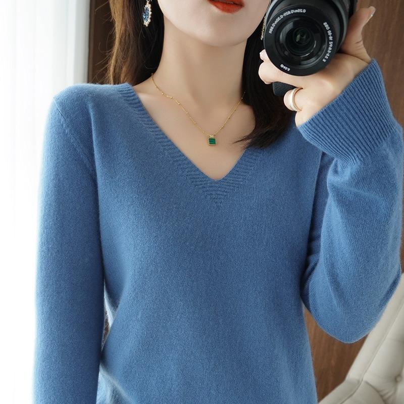 2025 Autumn Winter V-neck Knitted Pullover Women Sweater New Solid Color Fashion Elegant Casual Bottoming Shirt Thin Solid Color Simple Clothing