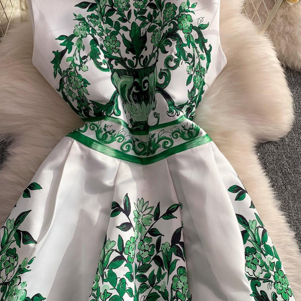 Summer Vintage Designer Print Blue White Porcelain Runway Dress Women Fashion Sleeveless Tank Midi Party Dresses