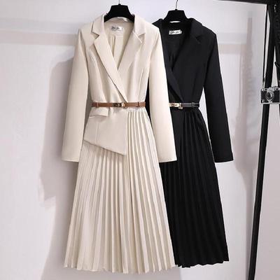 Robe de costume deux pièces française, faux costume deux pièces, tempérament féminin, jupe plissée mi-longue, élégante, manches longues, Slim, automne