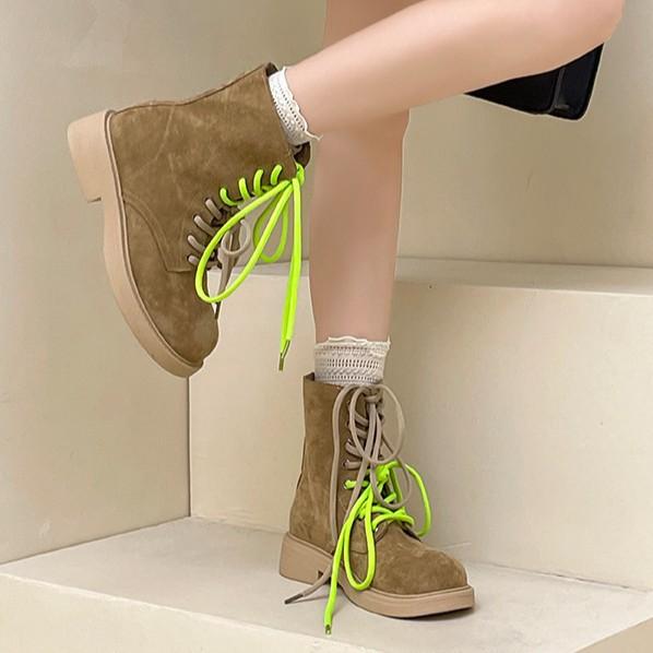 Retro contrasting color platform versatile strap-up square heel short boots autumn and winter fashion suede strap women's shoes thick heel Martin