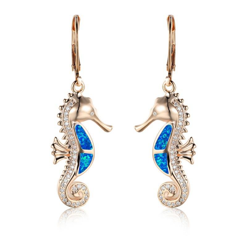 Wish Hot Ocean Wind Series Rose Gold White Gold Blue and White Opal Micro-set White Diamond Seahorse Versatile Earrings
