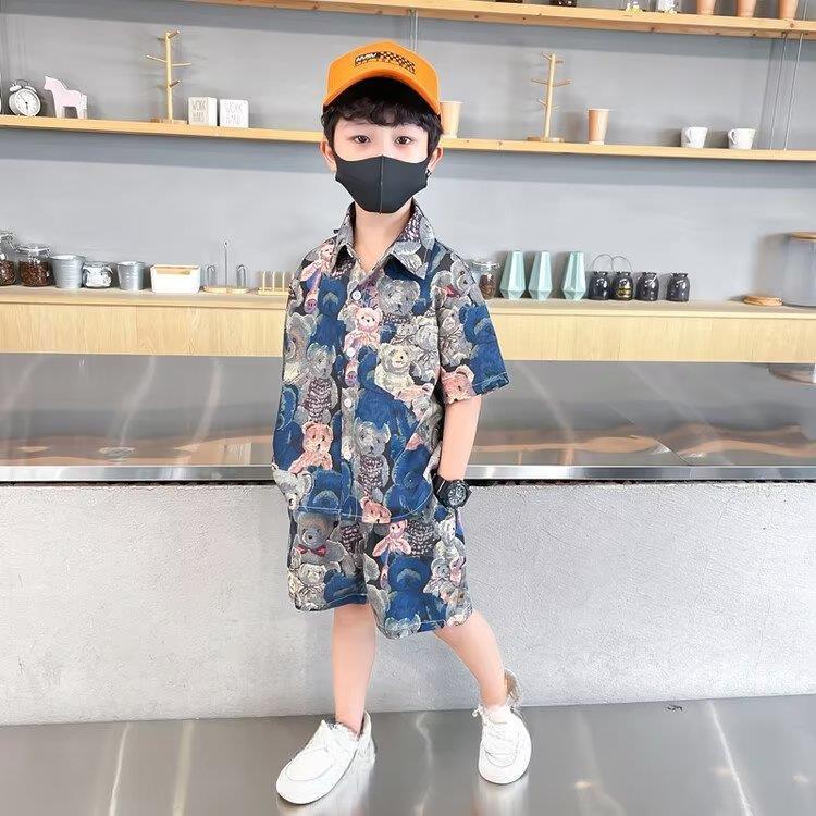 Boys Summer Suit Boys Hong Kong Style Flower Shirt Shorts Two-piece Casual Ice Silk
