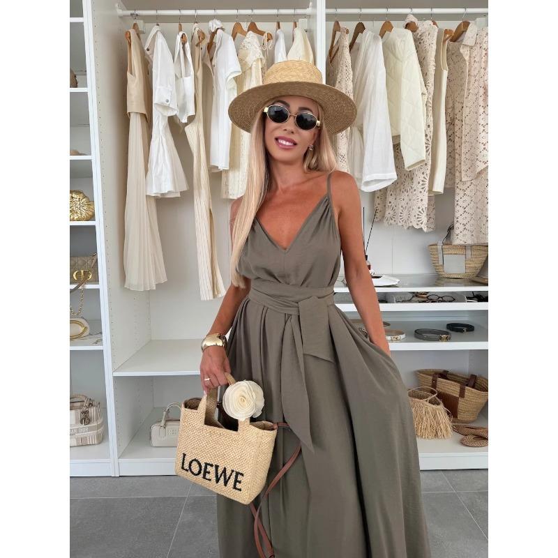 DAFIFY Women's Fashion Summer Spring Solid Color Print Sleeveless V-Neck Loose Waistline Casual Dresses