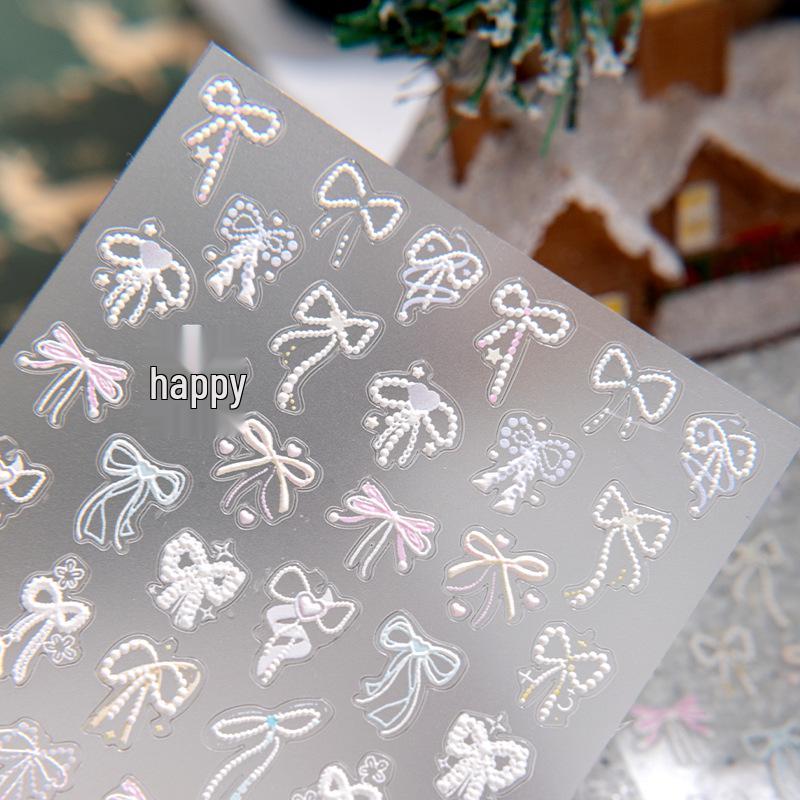 5D Embossed Pure White Love Heart Bow Nail Stickers CF-027