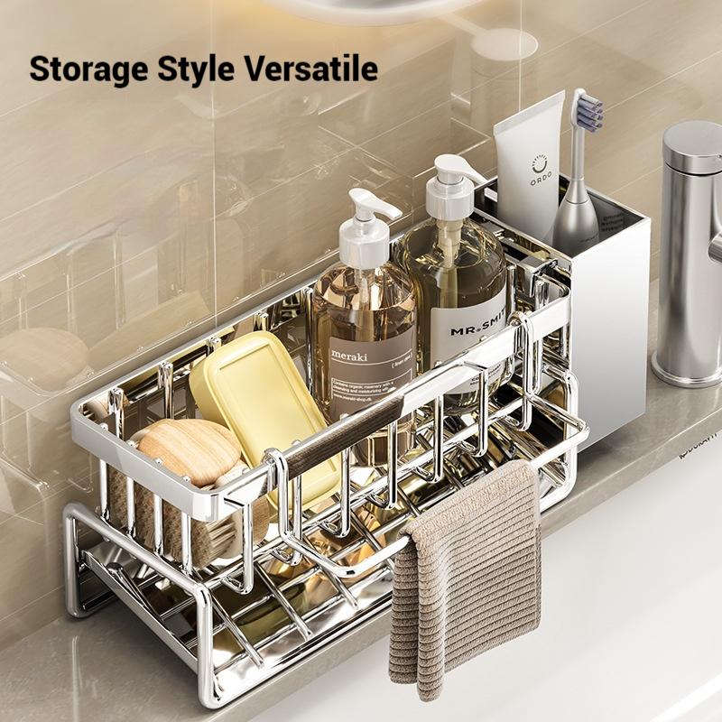 Kitchen Sponge Holder Stainless Steel Sink Drain Rack Soap Drainer Towel Rack Shelf Organizer Bathroom Storage Accessories