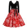 European and American Retro Autumn Burning Flowers V-neck Slim fit A Word Snowflake Elk Christmas Mid-Length Long sleeve dress Formal Dress
