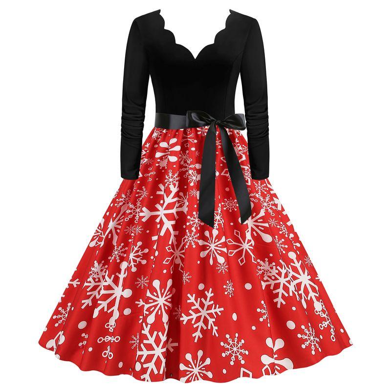 European and American Retro Autumn Burning Flowers V-neck Slim Fit A Word Snowflake Elk Christmas Mid-Length Long Sleeve Dress Formal Dress