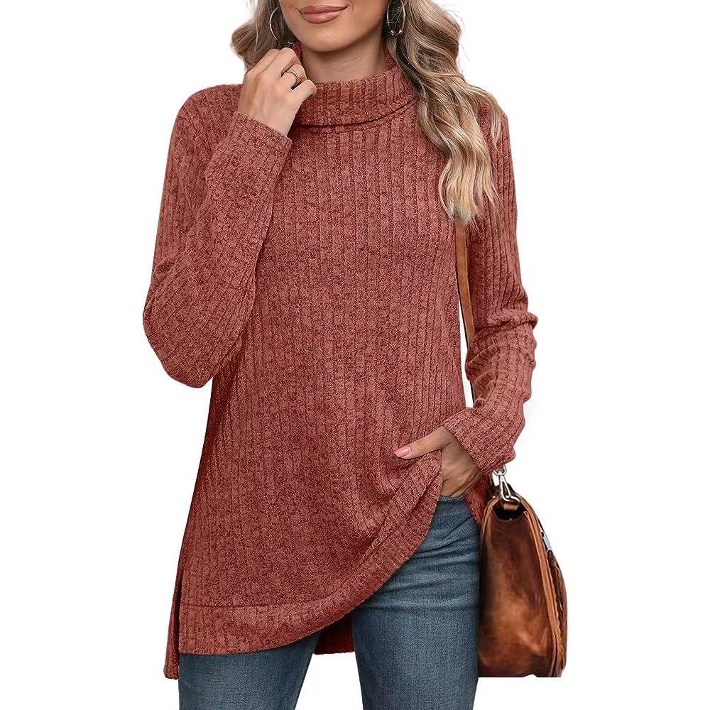 Women's High Collar Split Hem Solid Color Casual Stripe T-Shirt - Autumn/Winter 2023 Collection