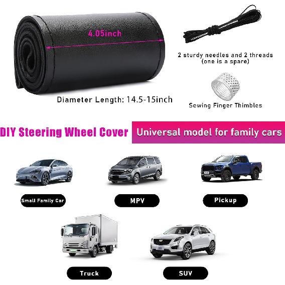 Ziciner Genuine Leather Steering Wheel Cover, Stitch on Wrap, Breathable Anti-Slip Car Steering Wheel Protector for Max Diameter 15 Inch, DIY Sewing