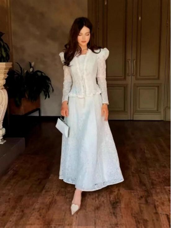 2025 Осень Европейский и Американский Элегантный Модный Принт Топ + Миди Юбка Комплект S