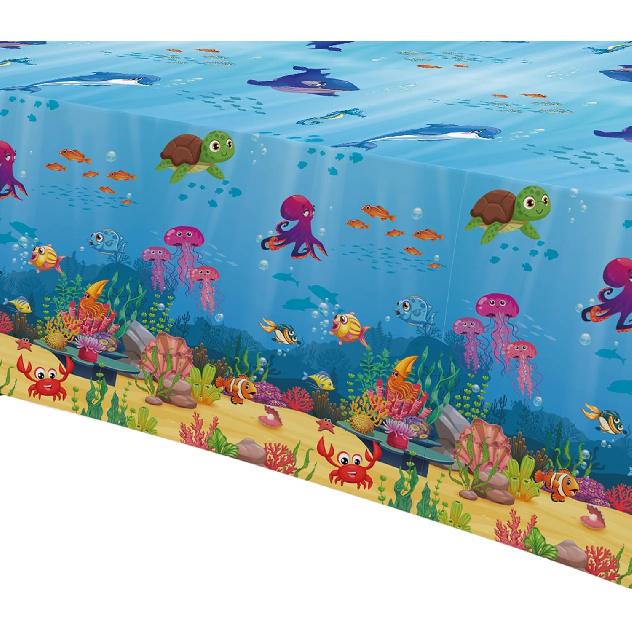 Under The Sea Party Decorations Tablecloth, 3Pcs Disposable Underwater Sea Life Blue Ocean Theme Birthday Baby Shower Tablecover Supplies, 86in x