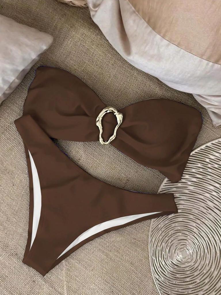 Women’s Summer Bathing Suit Solid Color Bandeau and High Cut Bottom Sexy Bikini Swimsuit, Two-Piece Swimwear