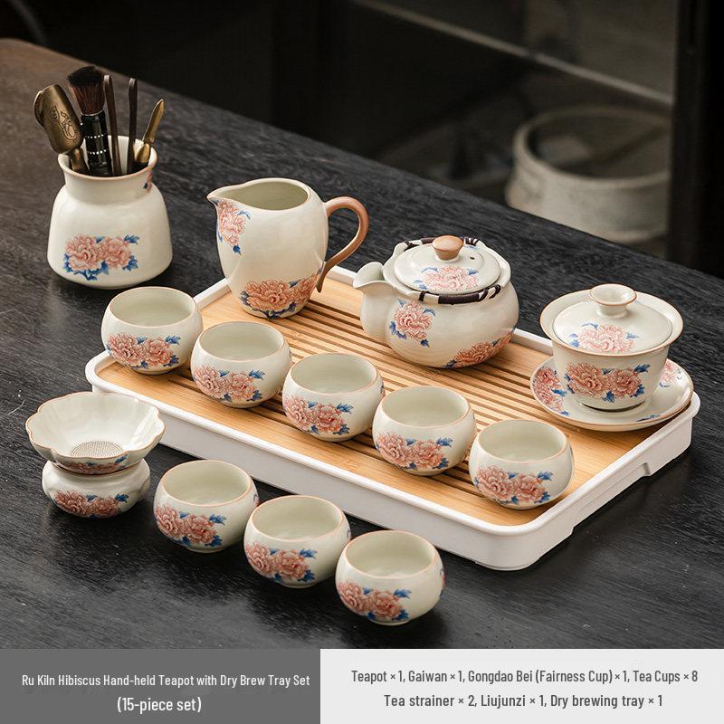 High-grade Beige Ru Kiln Hibiscus Ceramic Tea Set – Includes Teapot, Teacups, and Teaplate for Kung Fu Tea Ceremony, Suitable for Home and Office.