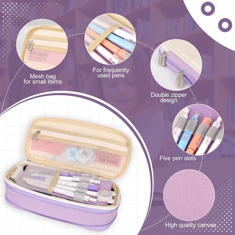 Cute Canvas Pencil Case Student Color Block Stationery Storage Bag Multifunctional Large Capacity Pen Bag Organizer Pouch